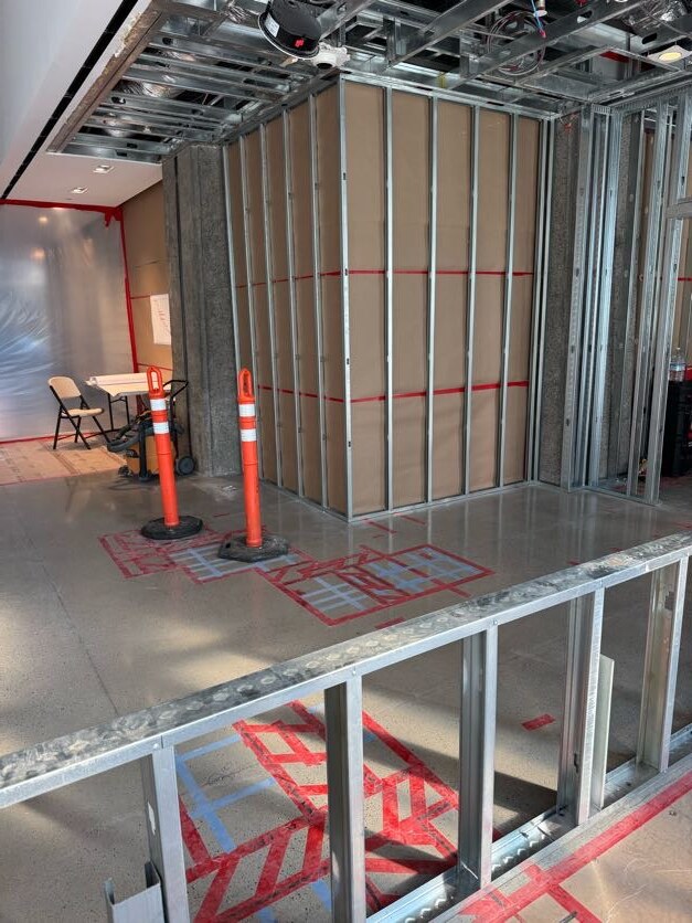 Metal framing and layout at the Blue Bottle Cafe jobsite by Bradley Commercial Interiors